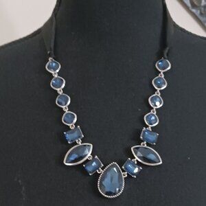Excellent Condition Blue and Silver With Black Fabric Statement Necklace